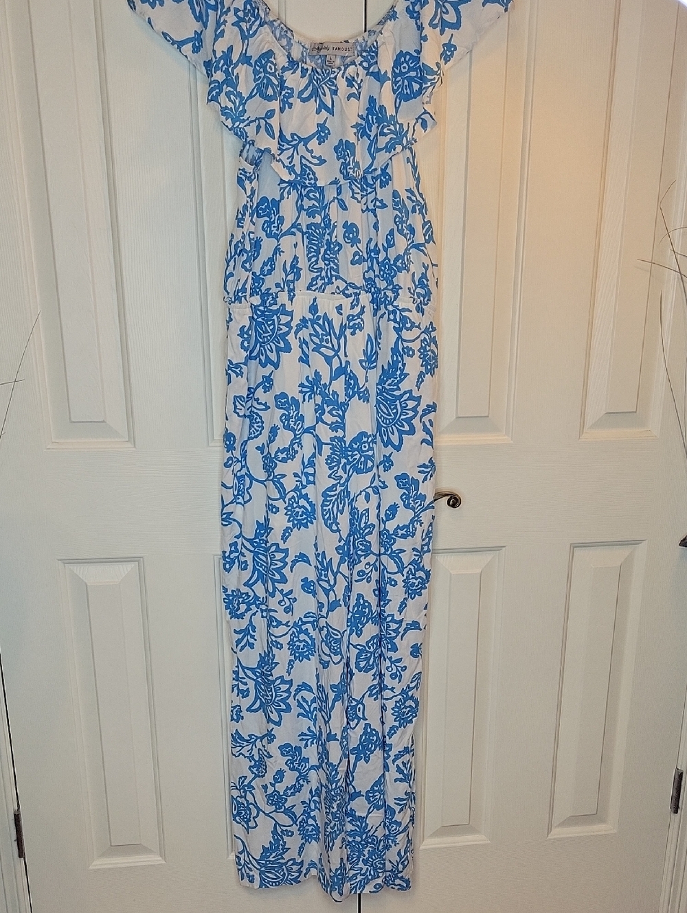 Absolutely Famous White Jumpsuit with Blue Floral Print, Wide Leg